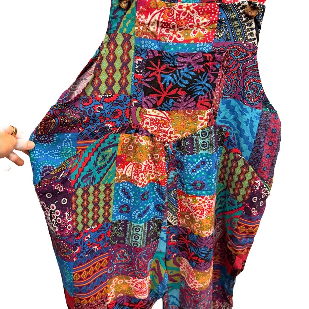 Colorful Patchwork Print Overalls Dress - Multicolor - Picture 3 of 9